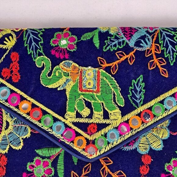 Navy Blue Clutch Bag Colorful Embroidery Elephants Floral Mirror Details NWOT - Picture 2 of 14